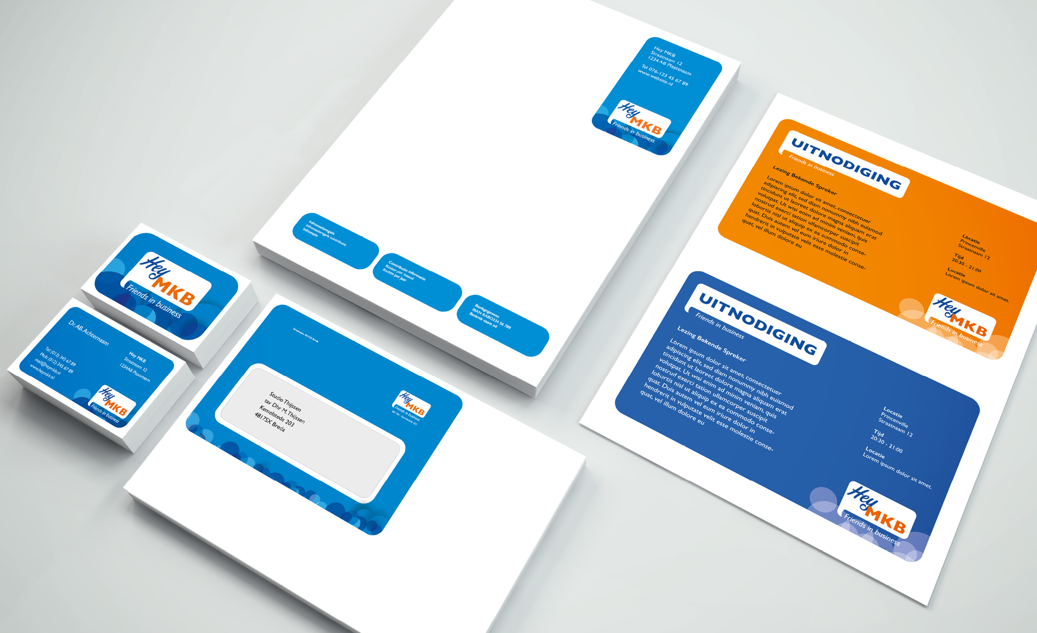 Logo-ontwerp en huisstijl-drukwerk voor HeyMKB door grafisch ontwerpbureau Studio Thijssen.